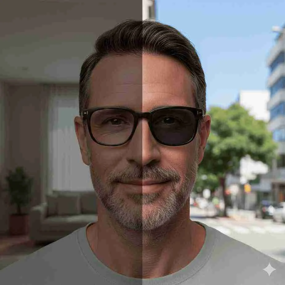 Comparação da lente clara em ambiente interno e escura ao ar livre